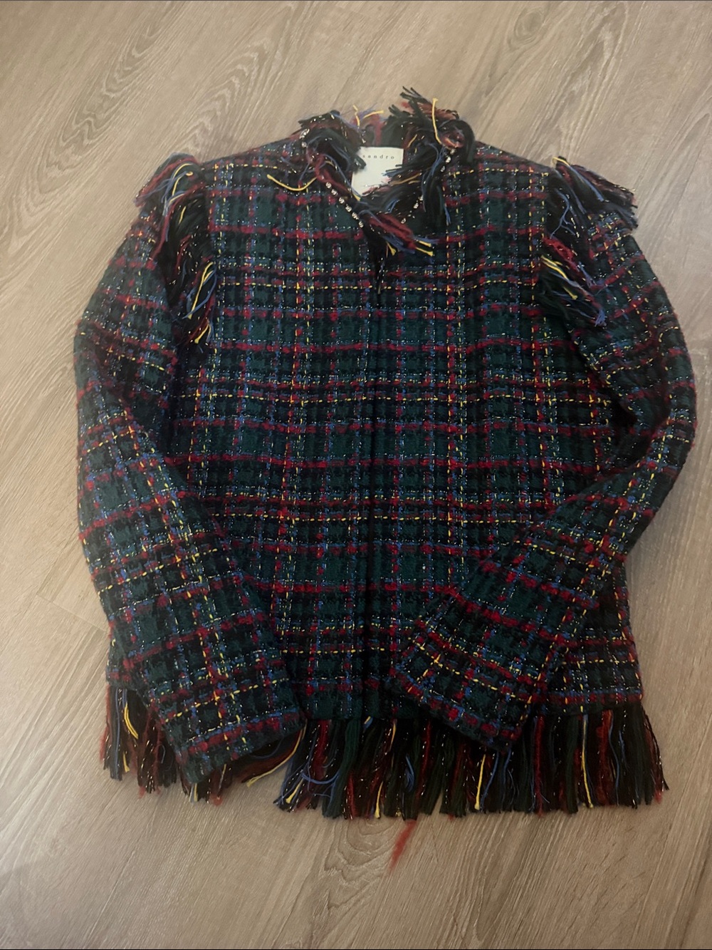 Multicolor Tweed Fringe Blazer Jacket - Dark Plaid
